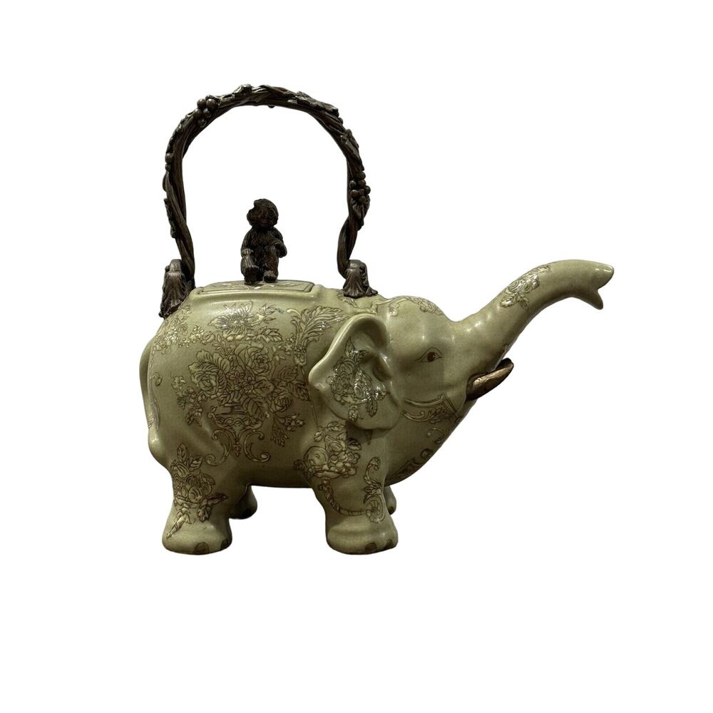 Antique Asian Green Hand Painted Ceramic Elephant Teapot Brass Handle Monkey Lid